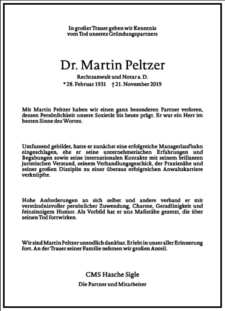  Traueranzeige für Martin Peltzer vom 27.11.2019 aus Frankfurter Allgemeine Zeitung
