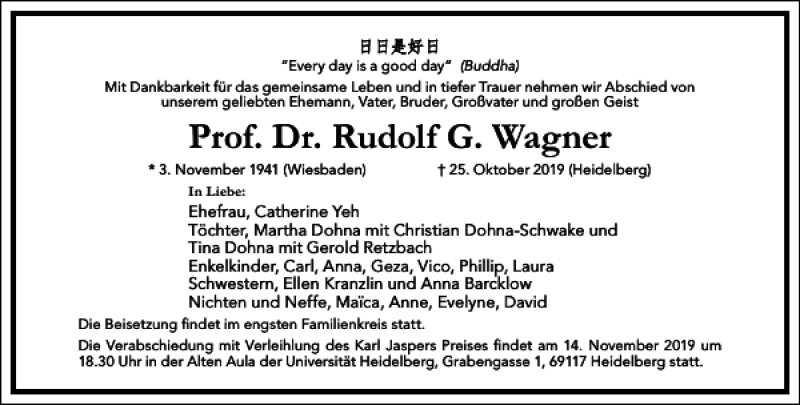 Traueranzeige für Prof. Dr. Rudolf G. Wagner vom 02.11.2019 aus Frankfurter Allgemeine Zeitung