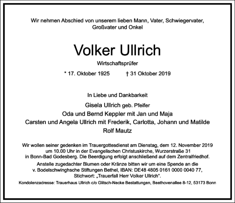 Traueranzeige für Volker Ullrich vom 08.11.2019 aus Frankfurter Allgemeine Zeitung