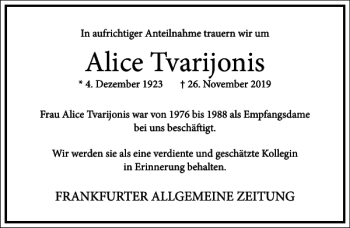 Traueranzeige von Alice Tvarijonis von Frankfurter Allgemeine Zeitung