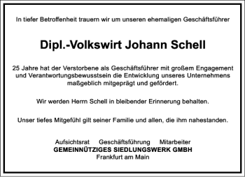 Traueranzeige von Dipl.-Volkswirt Johann Schell von Frankfurter Allgemeine Zeitung