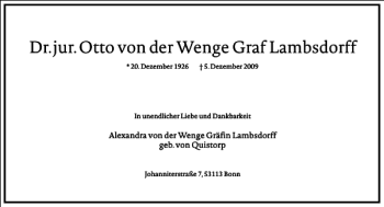 Traueranzeige von Dr. jur. Otto von der Wenge Graf Lambsdorff  von Frankfurter Allgemeine Zeitung