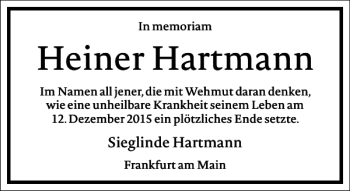 Traueranzeige von Heiner Hartmann von Frankfurter Allgemeine Zeitung