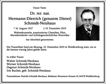 Traueranzeige von Hermann Dietrich Schmidt-Neuhaus von Frankfurter Allgemeine Zeitung