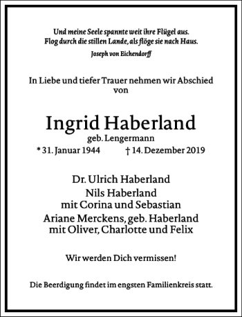 Traueranzeige von Ingrid Haberland von Frankfurter Allgemeine Zeitung