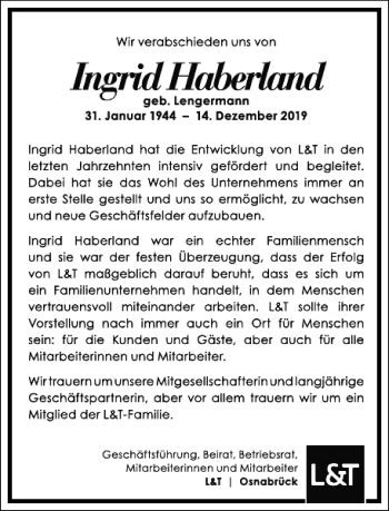 Traueranzeige von Ingrid Haberland von Frankfurter Allgemeine Zeitung