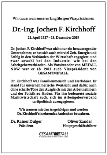 Traueranzeige von Jochen F. Kirchhoff von Frankfurter Allgemeine Zeitung