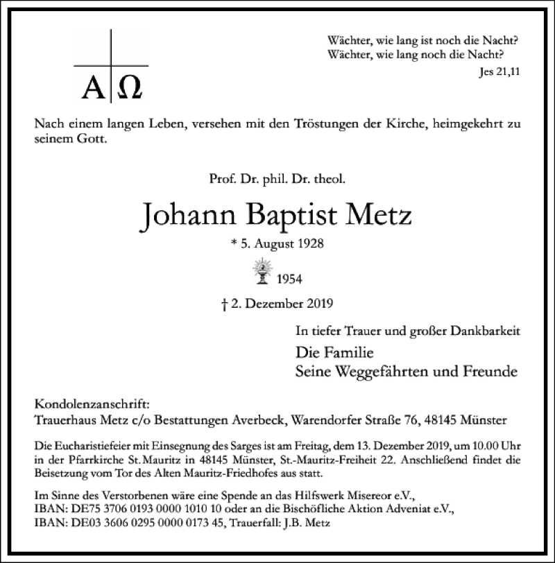  Traueranzeige für Johann Baptist Metz vom 07.12.2019 aus Frankfurter Allgemeine Zeitung