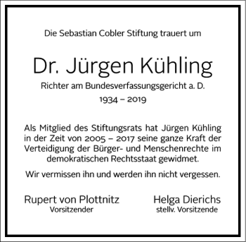 Traueranzeige von Jürgen Kühling von Frankfurter Allgemeine Zeitung