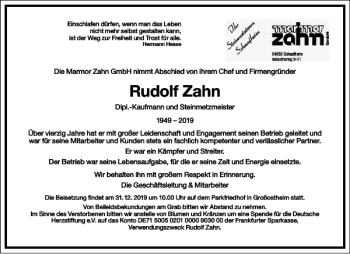 Traueranzeige von Rudolf Zahn von Frankfurter Allgemeine Zeitung