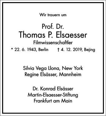 Traueranzeige von Thomas P. Elsaesser von Frankfurter Allgemeine Zeitung