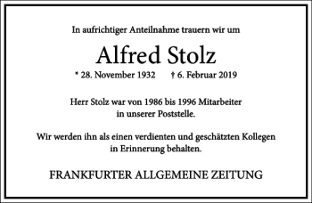 Traueranzeige von Alfred Stolz von Frankfurter Allgemeine Zeitung