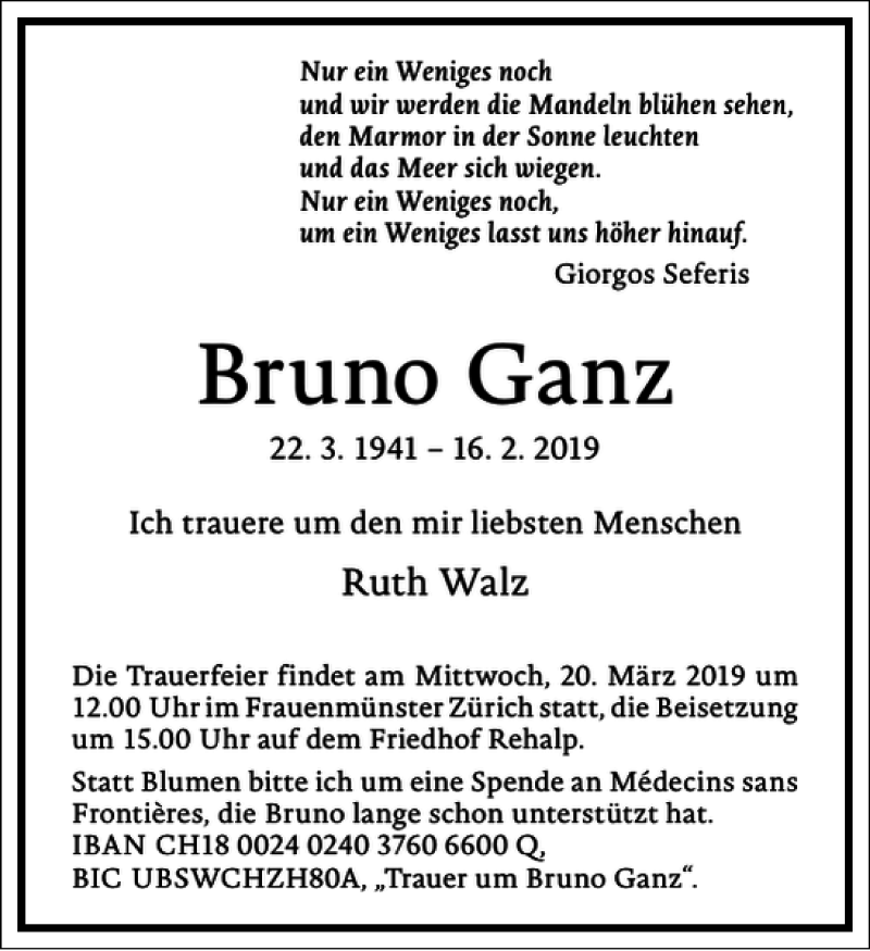  Traueranzeige für Bruno Ganz vom 21.02.2019 aus Frankfurter Allgemeine Zeitung