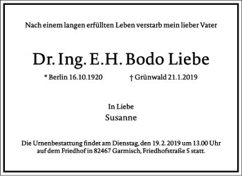 Traueranzeige von Dr. Ing. E. H. Bodo Liebe  von Frankfurter Allgemeine Zeitung