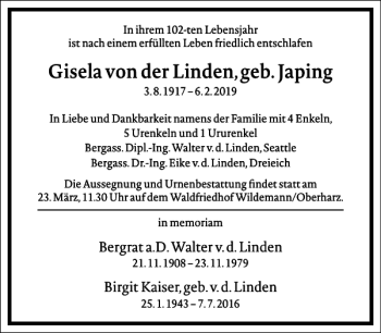 Traueranzeige von Gisela von der Linden von Frankfurter Allgemeine Zeitung