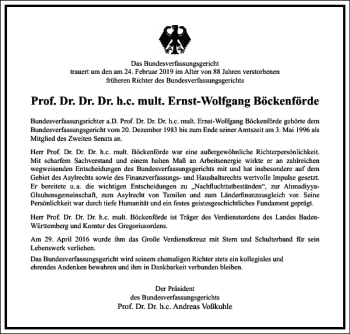 Traueranzeige von Prof. Dr. Dr. Dr. h.c. mult. Ernst-Wolfgang Böckenförde  von Frankfurter Allgemeine Zeitung