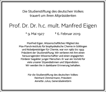 Traueranzeige von Prof. Dr. Dr. h. c. mult. Manfred Eigen  von Frankfurter Allgemeine Zeitung