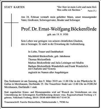 Traueranzeige von Prof. Dr. Ernst-Wolfgang Böckenförde von Frankfurter Allgemeine Zeitung