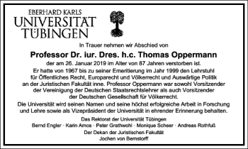 Traueranzeige von Professor Dr. iur. Dres. h. c. Thomas Oppermann  von Frankfurter Allgemeine Zeitung