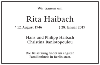 Traueranzeige von Rita Haibach von Frankfurter Allgemeine Zeitung