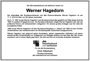 Traueranzeige von Werner Hagedorn von Frankfurter Allgemeine Zeitung