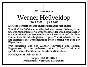 Traueranzeige von Werner Heüveldop von Frankfurter Allgemeine Zeitung
