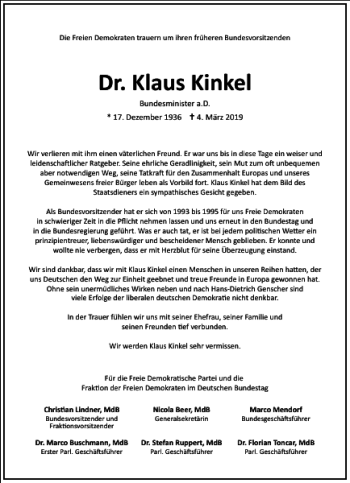 Traueranzeige von Dr. Klaus Kinkel von Frankfurter Allgemeine Zeitung