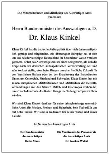 Traueranzeige von Dr. Klaus Kinkel von Frankfurter Allgemeine Zeitung