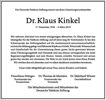 Traueranzeige von Dr. Klaus Kinkel von Frankfurter Allgemeine Zeitung