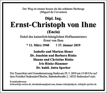 Traueranzeige von Ernst-Christoph von Ihne von Frankfurter Allgemeine Zeitung