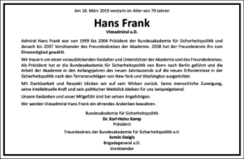 Traueranzeige von Hans Frank von Frankfurter Allgemeine Zeitung
