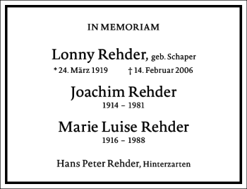Traueranzeige von Lonny Rehder Joachim Rehder Marie Luise Rehder  von Frankfurter Allgemeine Zeitung