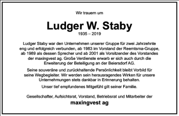 Traueranzeige von Ludger W. Staby von Frankfurter Allgemeine Zeitung