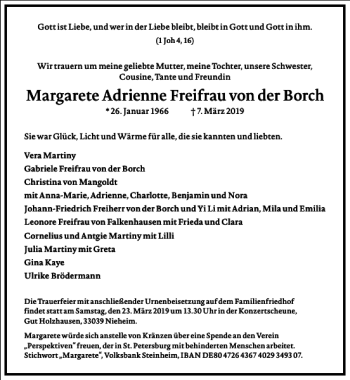 Traueranzeige von Margarete Adrienne Freifrau von der Borch  von Frankfurter Allgemeine Zeitung