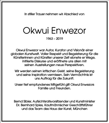 Traueranzeige von Okwui Enwezor von Frankfurter Allgemeine Zeitung