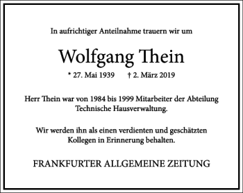 Traueranzeige von Wolfgang Thein von Frankfurter Allgemeine Zeitung