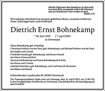 Traueranzeige von Dietrich Ernst Bohnekamp von Frankfurter Allgemeine Zeitung