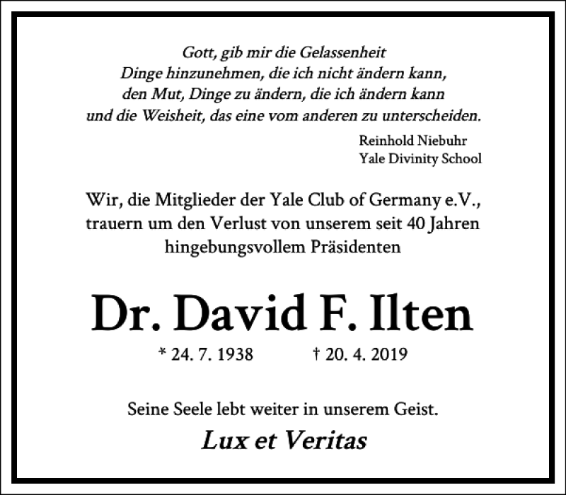  Traueranzeige für Dr. David F. Ilten vom 26.04.2019 aus Frankfurter Allgemeine Zeitung