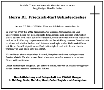 Traueranzeige von Dr. Friedrich-Karl Schieferdecker von Frankfurter Allgemeine Zeitung