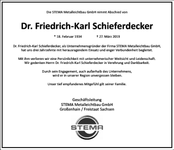 Traueranzeige von Dr. Friedrich-Karl Schieferdecker von Frankfurter Allgemeine Zeitung