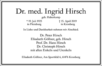 Traueranzeige von Dr. med. Ingrid Hirsch von Frankfurter Allgemeine Zeitung