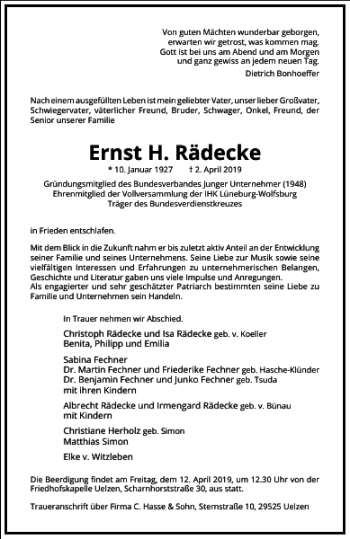 Traueranzeige von Ernst H. Rädecke von Frankfurter Allgemeine Zeitung
