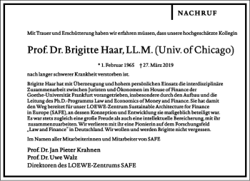 Traueranzeige von Prof. Dr. Brigitte Haar LL. M. Univ. of Chicago  von Frankfurter Allgemeine Zeitung