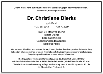 Traueranzeige von Dr. Christiane Dierks von Frankfurter Allgemeine Zeitung