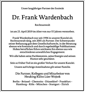Traueranzeige von Dr. Frank Wardenbach von Frankfurter Allgemeine Zeitung
