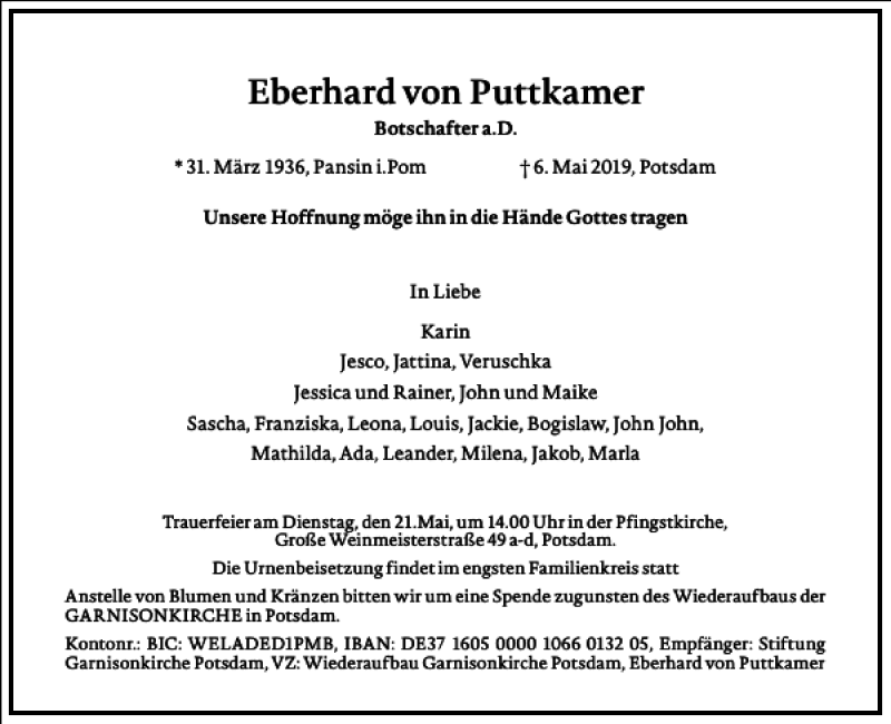  Traueranzeige für Eberhard von Puttkamer vom 15.05.2019 aus Frankfurter Allgemeine Zeitung