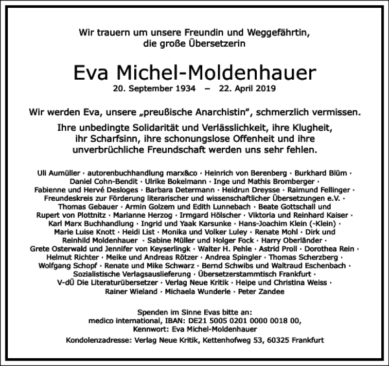  Traueranzeige für Eva Michel-Moldenhauer vom 04.05.2019 aus Frankfurter Allgemeine Zeitung