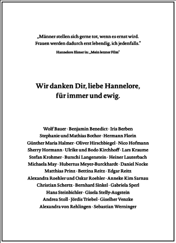  Traueranzeige für Hannelore Elsner vom 03.05.2019 aus Frankfurter Allgemeine Zeitung