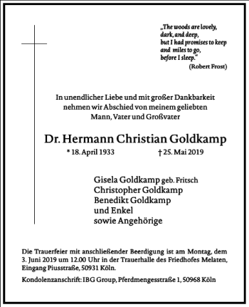 Traueranzeige von Hermann Christian Goldkamp von Frankfurter Allgemeine Zeitung