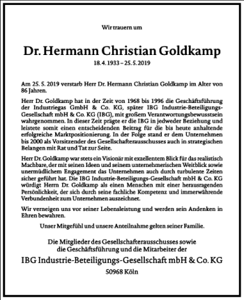 Traueranzeige von Hermann Christian Goldkamp von Frankfurter Allgemeine Zeitung